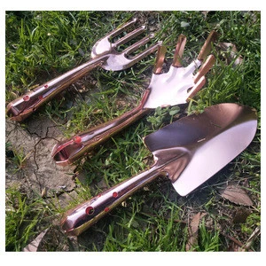 Hantechn gardening tools gift set copper plating A3 steel rake shovel and fork 3 piece garden tool set