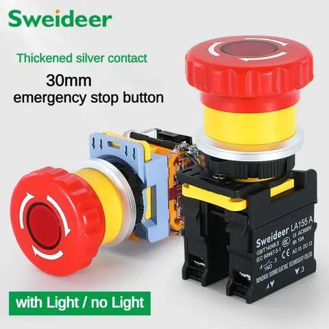 High Quality 30mm Mushroom Emergency Stop Button Switch with Light Stop Power Switch for Distribution Cabinet