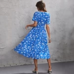 High Quality Summer Beautiful Style Clothes Lady Short Sleeve Blue Midi Dresses Chiffon Floral Print Casual Women Long Dress