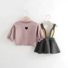 Hot Sale 2-Piece Fashionable Solid Heart Blouse And Bunny Ear Suspender Skirt Set For Baby Girl