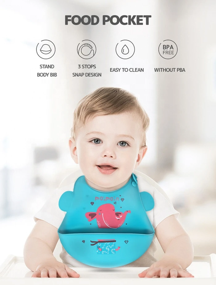 Hot Selling Reusable  BPA Free Customized Waterproof Fabric Silicone Baby Bib