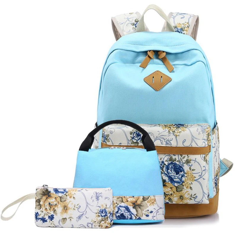 HZAILUstyle hight quality 3 pieces canvas girls school backpack bag teenage set school bag school backpack with lunch bag
