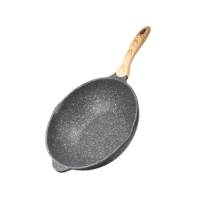JEETEE OEM Homecooking Bakelite Handle Induction Flat Bottom Wok Aluminum Marble Stone Non Stick Stir Fry Pan / Wok Pan with Lid