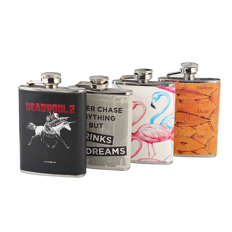 JH059  Custom Portable PU leather wrapped Wine flask Stainless Steel 304  Hip Flask with leather full printing