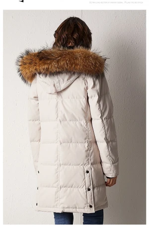 Khaki mid-length down jacket with fur collar casual waterproof and anti-static quality zipper down coat