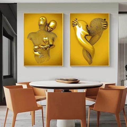 Luxury Abstract Golden sculpture Kiss Lover Wall Pictures And Canvas painting For Home Decor Cuadros Living Room Decoration
