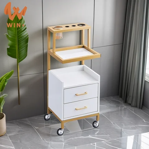 Luxury metal black and gold wooden hairdressing salon station cabinet hair extension salon trolley on wheels