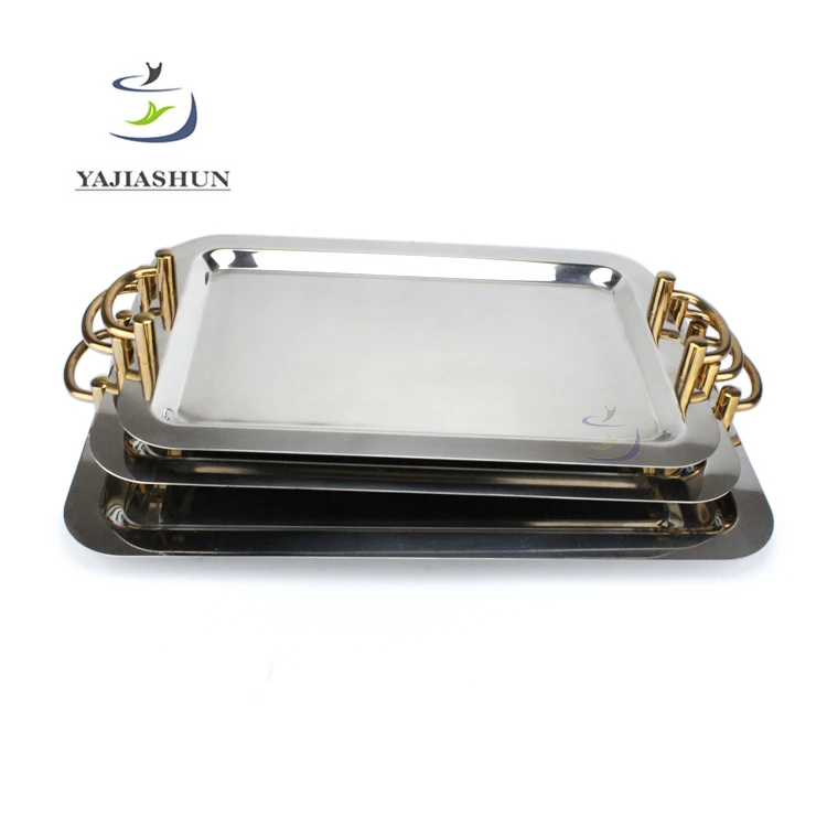Luxury Rectangle Stainless Steel Food Tray Plate Service Tray Set Custom Rolling Tray With Handles