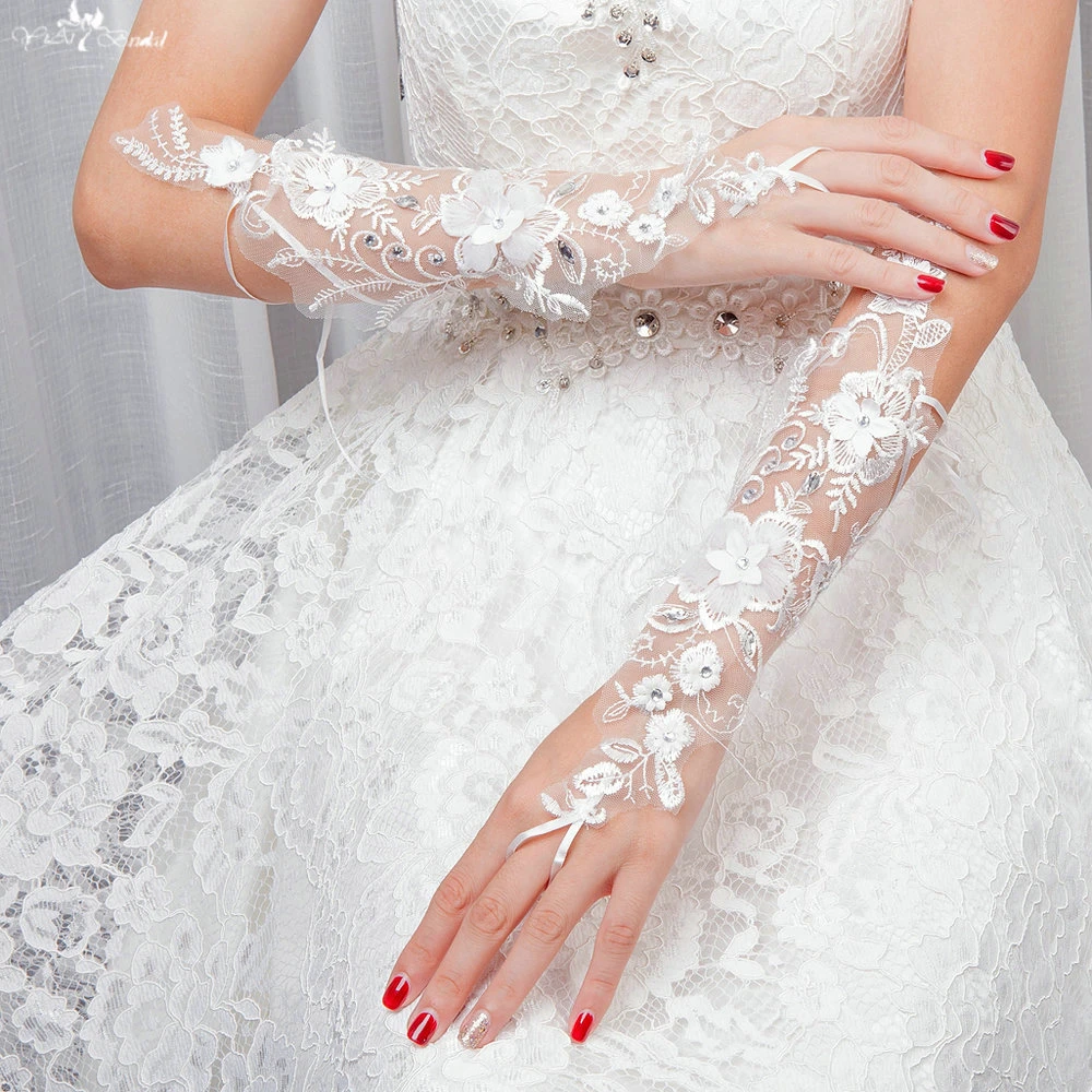 LZP109 Flower Long Gloves Crystal Lace Wedding Gloves Luva De Noiva