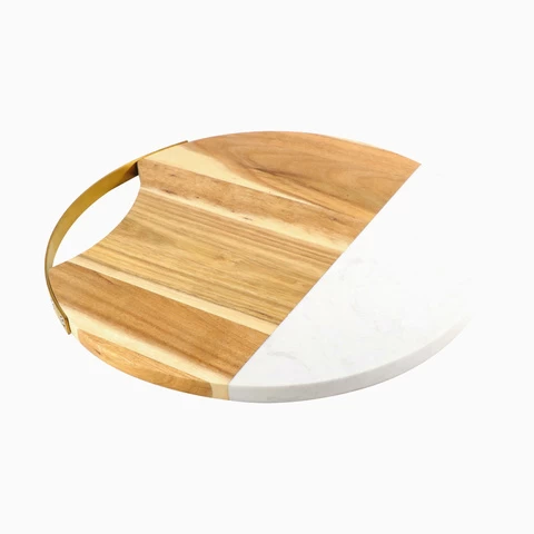 Marble Cutting Board White marble and acacia wood with Gold Metal handle charcuterie Serving Plate