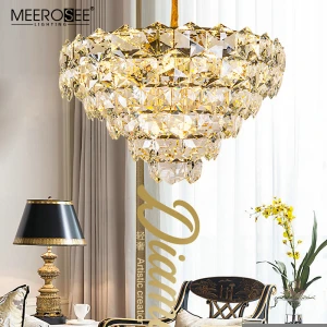 Meerosee Big Hexagonal K9 Crystal Chandelier Gold Colored Lampara Metal Chandeliers Decorative Industrial Lighting MD86745