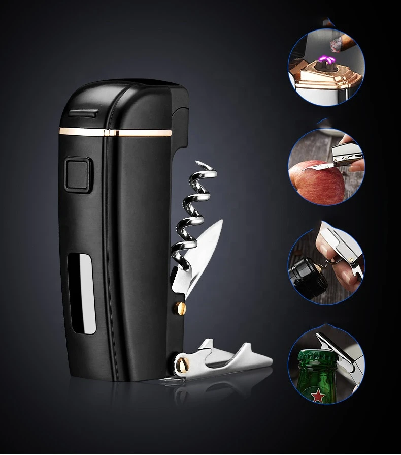 Multi function USB charging cigarette lighter creative four in one wine open double arc wind proof lighter