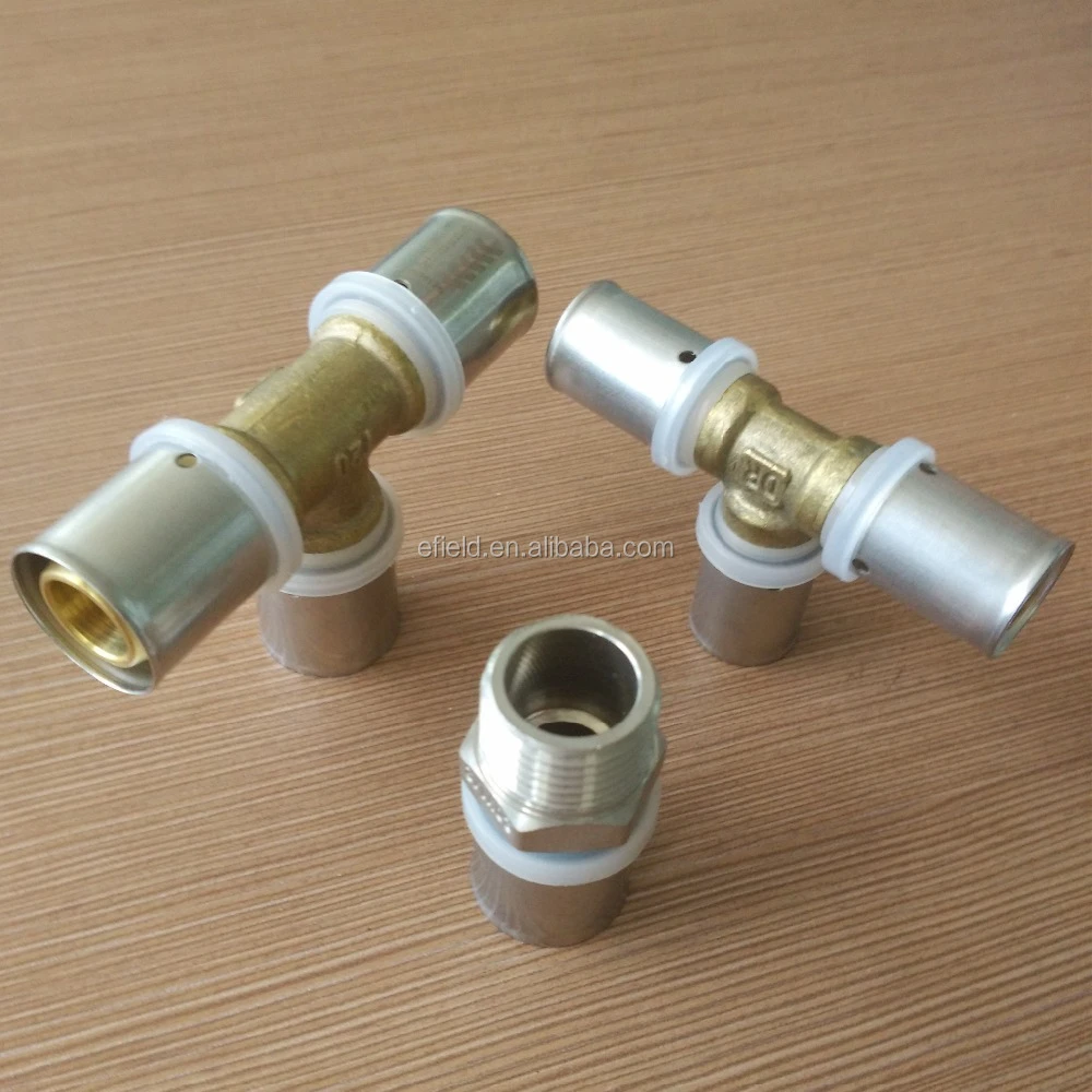 Multilayer plastic pipes and brass press fittings 20mm brass female tee