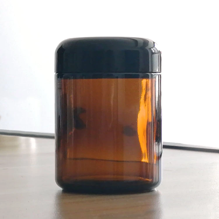 New design amber glass jar 250ml wide mouth 8oz amber glass jar with black lid