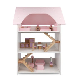 New shape hot sale wooden toy doll house three floor doll house set toy wood pink dollhouse toys MSN19004