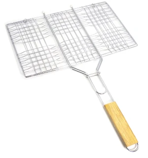 outdoor camping barbecue accessories BBQ wire mesh grilling basket with wooden handle