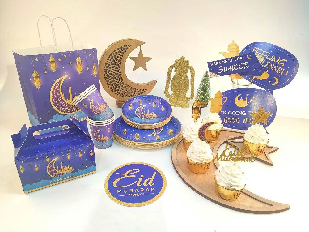 Pafu Serves 16 Ramadan Tableware  Eid Mubarak Banner Paper Plates Cups Napkins Gift and Treat Bag Cake Topper Decorations