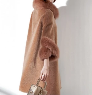 Particles sheared sheep fur coat fox fur collar and sleeves female long slim 100% wool coat KTFL80046