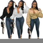 plus size s-3xl  solid color v-neck puff sleeve corset long sleeve women's white shirt blouse women's fall clothing
