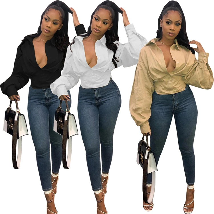 Plus Size S-3XL Sexy solid color V-neck puff sleeve corset long sleeve women&#x27;s white shirt blouse women&#x27;s fall clothing