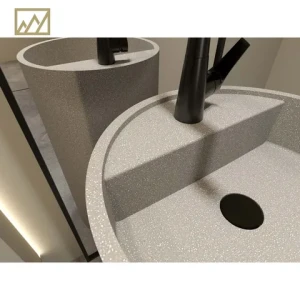 Pure Beige Circle Terrazzo Pedestal Bathroom Basin - Minimalist Natural Stone Vanity Countertop