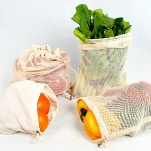Reusable organic cotton mesh produce bag with drawstring for grocery shopping fruit vegetable