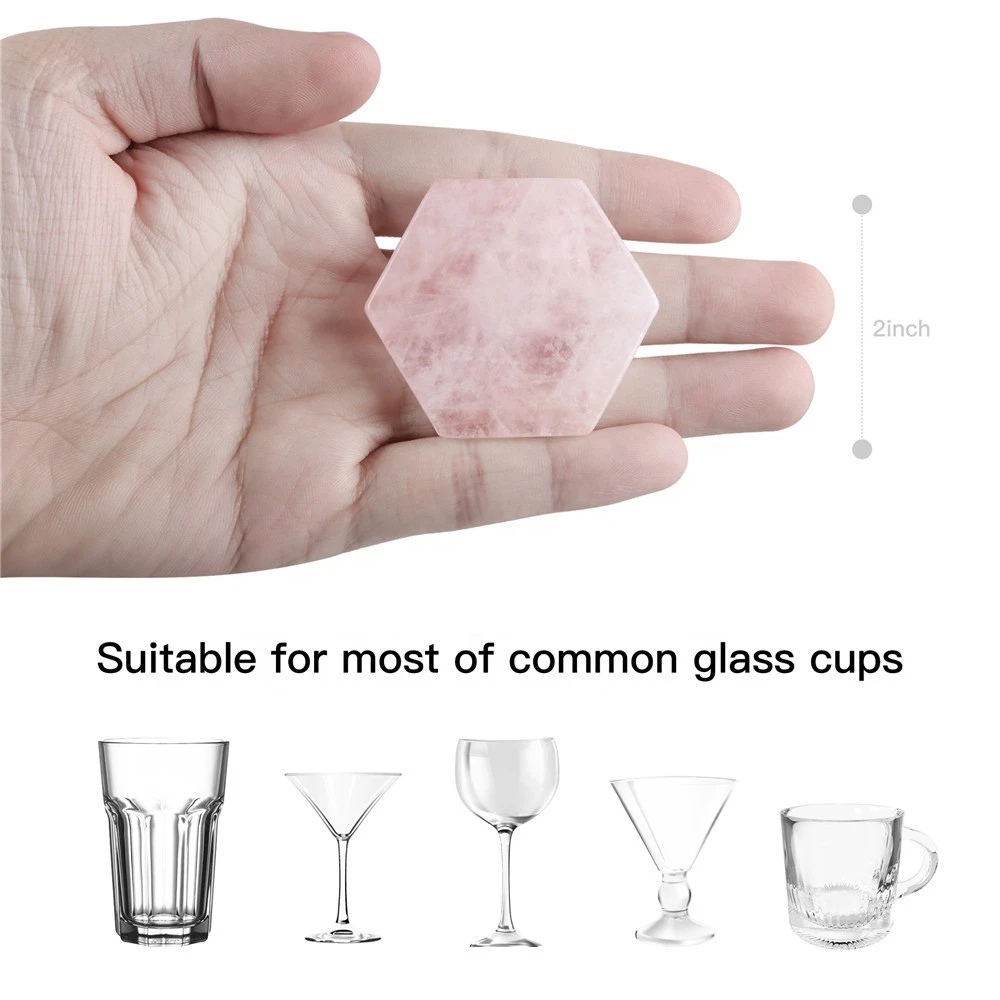 Rose quartz crystal gemstone 2&quot; hexagon shape cup coaster stone sculpture for home decoration