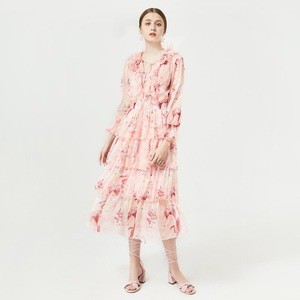 Ruffled dress for women spring fashion dress long sleeve chiffon layer dress with waist elastic and tassels 2019 new
