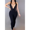 Sexy Deep V Neck Backless Black Polyester One-piece Jumpsuits With Latex Jumpsuit