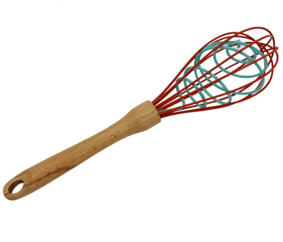 Silicone Wire Manual Whisk Egg Beater With Wood Handle