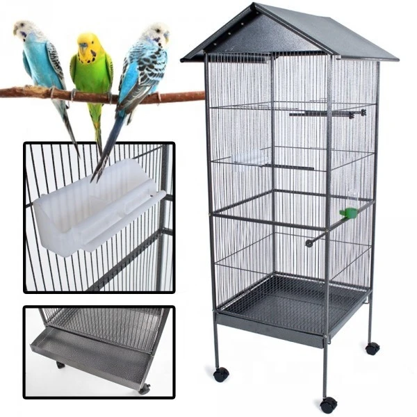 Small Movable Bird Parrot Metal Steel Wire Roof Cage With drinker and food tray