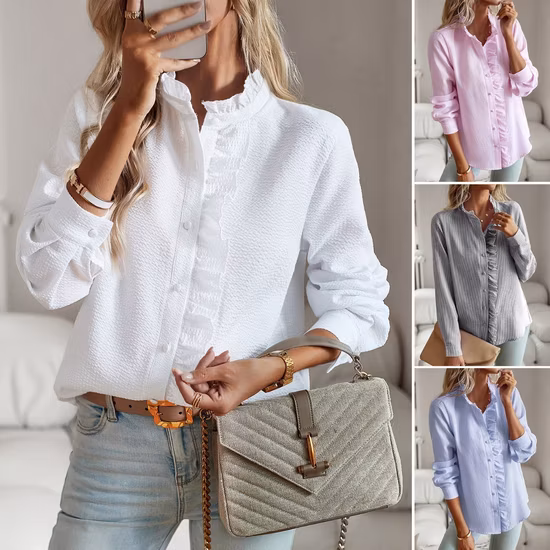 Striped Long Sleeve Shirt Fashion Ruffle Design Button up Tops Casual Office Blouse Elegant Commuting Womens Clothing