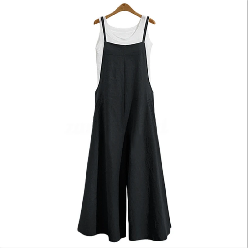 Summer linen long and wide legs jumpsuit cotton suspenders trousers women casual loose dress
