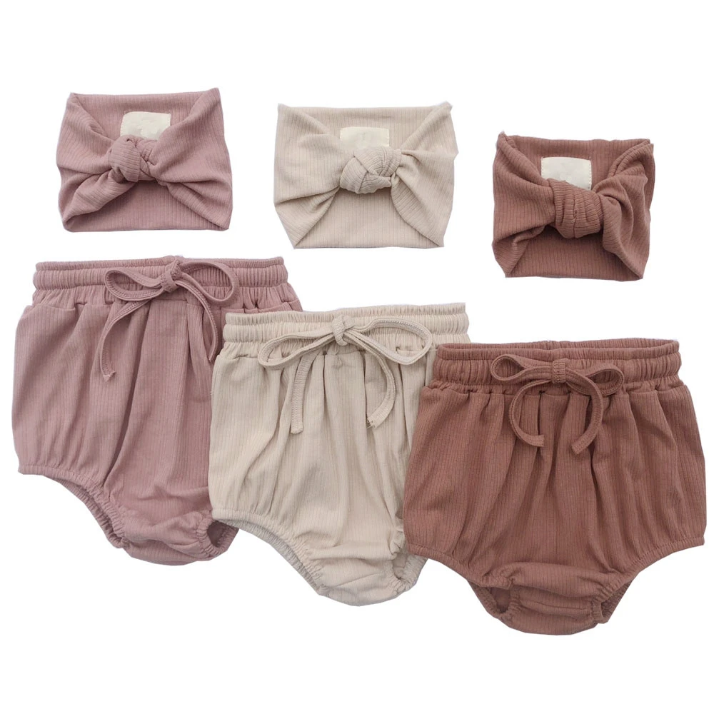 Summery infant ribbed cotton shorts soft baby drawstring diaper bloomer girls pants with headband