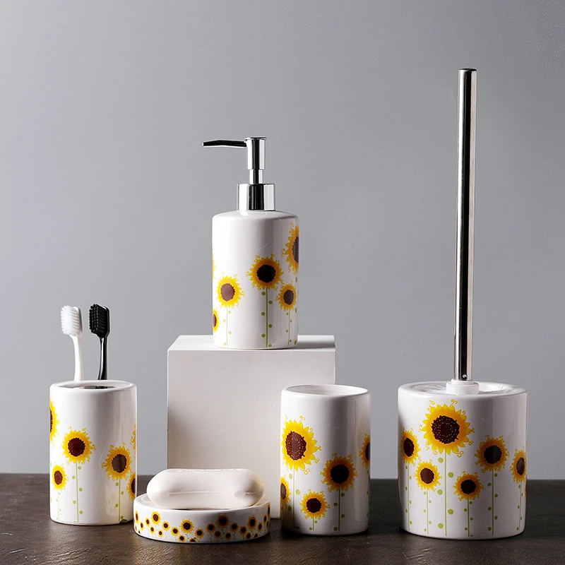 Sunflower design Ceramic Bathroom Sets includes tooth brush holder tumbler toilet brush
