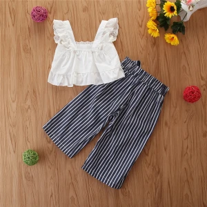 Sunny Baby 2021 Spring Summer Girls Sleeveless Sling Top Striped Pants Two-piece Set Children Clothes
