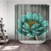 Teal Gray Flower Shower Curtain Vintage Floral Lotus Flowers Polyester Fabric Waterproof Shower Curtain with 12 Hooks 72X72inch