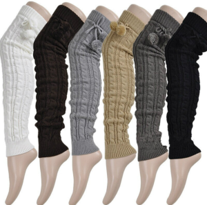 Twisted stretch women&#39;s winter accessories with balls over knee high footless socks knit leg warmers