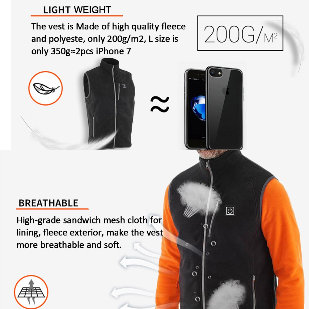 USB Charging Electric Heated Vest Washable Lightweight Thermal Heated Clothing Vest for Outdoor Hiking Hunting Skiing Cycling