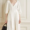 V-neck Lantern Sleeve midi 2022 Summer Women Elegant A-line Spandex Modal Cotton White Beach vestidos casual 100% Linen Dress