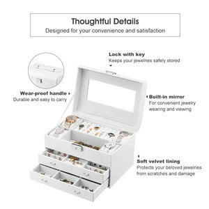 White Leather Jewelry Box for Women with Lock and Mirror Decorative Lockable Travel Jewelry Organizer