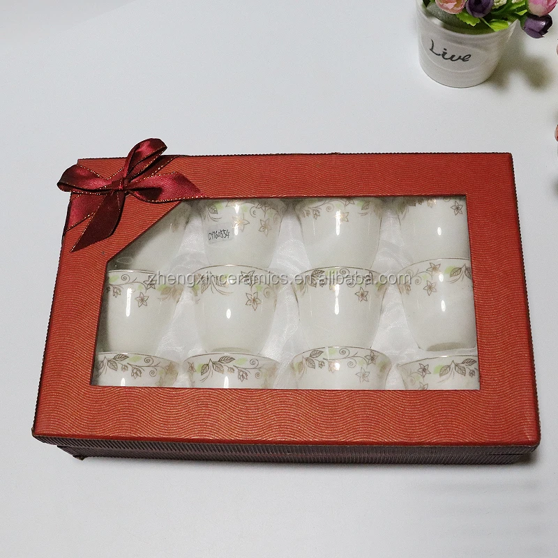 wholesale 12pcs gift box luxury nice design color decal white ceramic arabic cawa tea cup set
