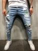 Wholesale bulk blue rip denim jeans pants with patch badge skinny mens jeans 2021