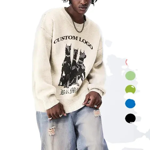 Wholesale Custom Logo Men Knitted Wear Animals Jacquard Regular Fit Crew Neck Pullover Unisex Sweater