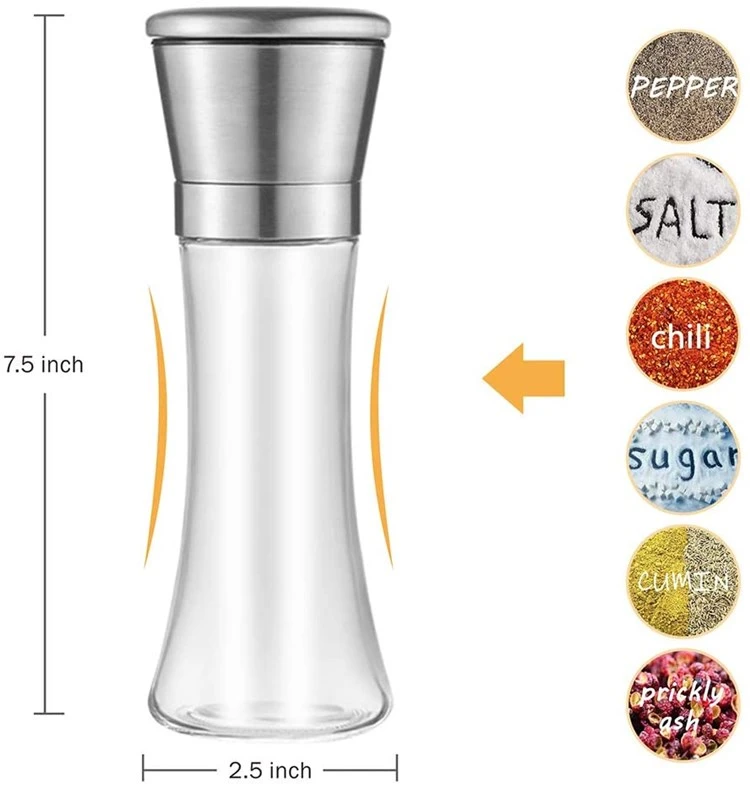 Wholesale High-quality Stainless steel 180ml Glass Spice Bottle with adjustable ceramic salt grinder spice bottle grinder