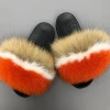 Wholesale rainbow color summer pvc flat bottom big real fox fur slippers