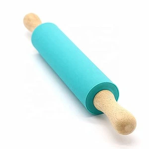 Wholesale silicone rolling roller pin with wooden handle for baking