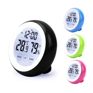 Wholesale touch digital desktop alarm clock cute small Baby Room Temperature Indoor Thermometer humidity magnet table clock