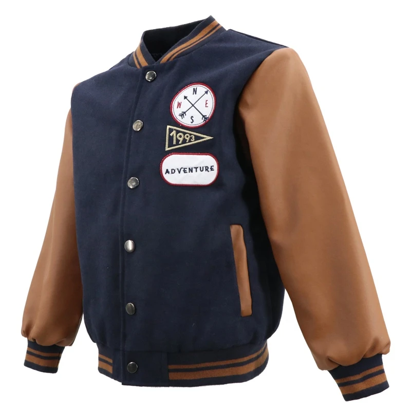 Winter Fashion Korea Customized Style Embroidery Patched Children Baby Fleece Wool With Leather Sleeve  Jacket For Boy
