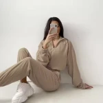 New casual and fashionable women's set solid color two-piece set long pants and top set